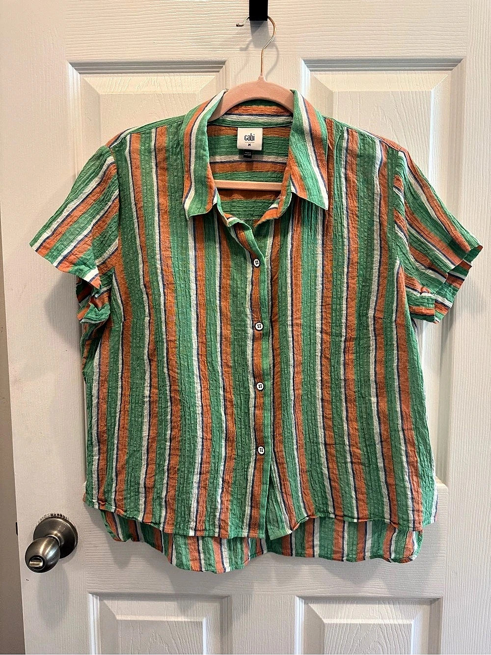 Cabi Striped Button Down Shirt in Green and Coral size Medium